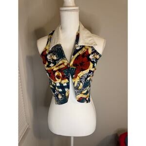 BANJO Size Small Vest Collar White Red Green Print Horse Rodeo 100% Cotton